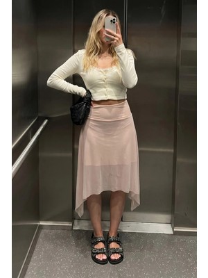 Madmext Pudra Şifon Asimetrik Kesim Midi Etek MG2777