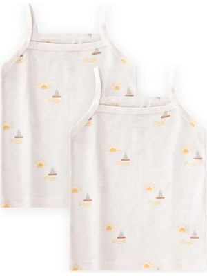 Cigit Ip Askılı Kız Atlet Üçlü Yelken Güneş Baskılı Ekru