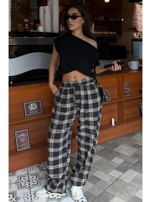 Madmext Füme Ekose Desenli Balon Fit Kadın Pantolon MG2686