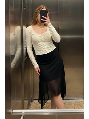 Madmext Siyah Şifon Asimetrik Kesim Midi Etek MG2777