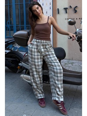 Madmext Bej Ekose Desenli Balon Fit Kadın Pantolon MG2686