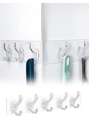 Omilife Yapışkanlı 5 Kancalı Askı Şeffaf Duvar Organizer Banyo Mutfak Çoklu Askı Aparatı