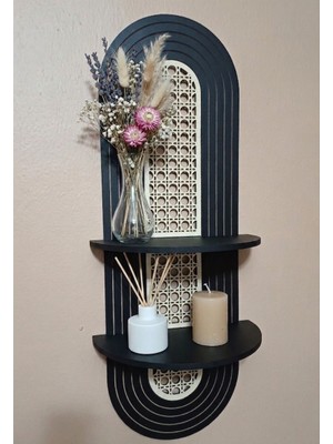 Ahi Hayal Atölyesi Dekoratif 2 Raflı,rattan Desenli,ahşap Duvar Rafı,mdf (Siyah Renk)