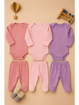 Mai Perla Kız Bebek Organik Pamuklu Zıbın Body ve Patikli Alt 6 Parça 3’lü Set Bebek Takımı 0-9 Ay