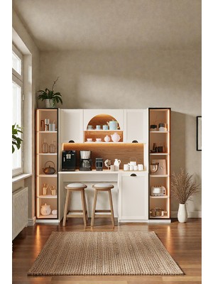 Avmpark Santa Kahve Köşesi Bohem Bar Masası LED Işıklı Fincan Bölmeli Çok Amaçlı Dolap +Iki Temperli Cam Kapaklı Dolap