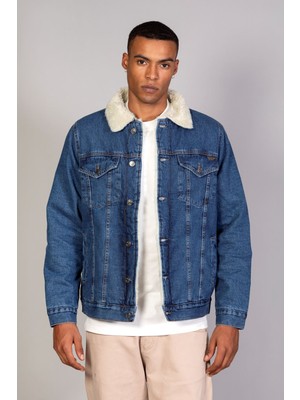 Little Cup Jeans Co  Erkek Içi Kürklü Kol Içi Kapitone Oversize Koyu Mavi Kot Ceket