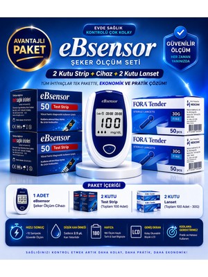eBsensor Şeker Ölçüm Cihazı 2 Kutu Strip (100 Adet) 2 Kutu (100 Adet) Lanset