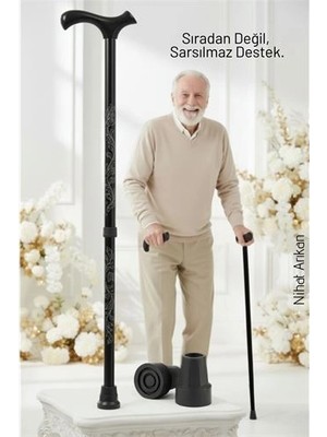 Calperia Yükseklik Ayarlanabilir Siyah Metal Baston - 7 Kademe Ayarlı Ergonomik Denge Desteği + 2 Yedek Uç  716392