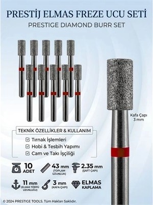 Calperia 10'lu Orta Sert Ultra Hassas Elmas Freze Ucu - Kuru Manikür, Tırnak, Hobi, Gravür Seti  723103