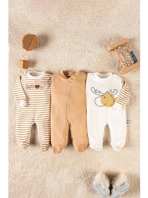 Mai Perla Geyik Desenli Tek Boy Tulum Unisex 3 Parça Bebek Takımı