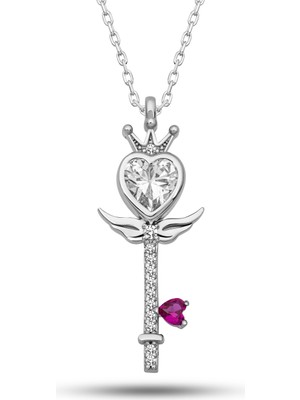 Elwes Gümüş Kalp Taç Anahtar Kadın Kolye