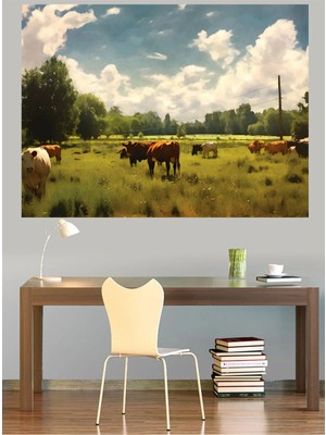 Mushen Studio Yeşil Çayırda Otlayan Inekler Pastoral Kanvas Tablo Klasik Duvar Dekoru Sanat Eseri Çerçevesiz Ev Ofis