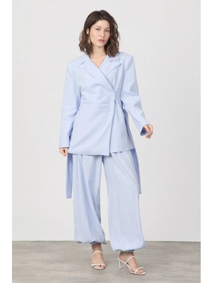 Diemmood Kadın Pile ve Kemer Detaylı Pantolon Lastikli Mavi Oversize Takım