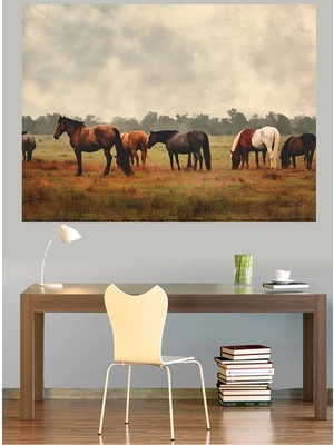 Mushen Studio Çayırda Otlayan At Sürüsü Pastoral Kanvas Tablo Klasik Duvar Dekoru Sanat Eseri Çerçevesiz Ev Ofis