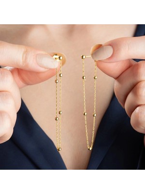 Hanno Telkari Gümüş Çift Zincirli Gold Top Detaylı Kadın Küpe