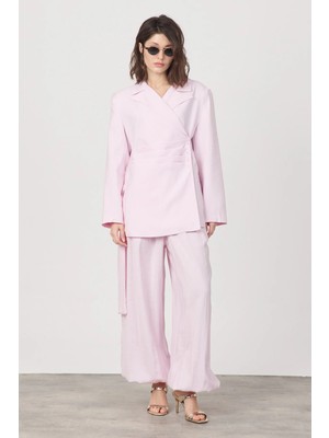 Diemmood Kadın Pile ve Kemer Detaylı Pantolon Lastikli Pembe Oversize Takım