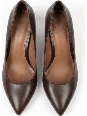 Ne&Ve Shoes Kahve Deri Kalın Topuklu Kadın Topuklu Ayakkabı