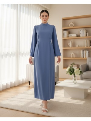 Moda Morfo Hakim Yaka Belden Bağlamalı Elbise   -Mavi