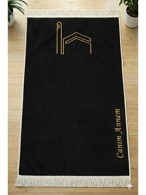 İhvan Online Canım Anneme - Cami Desenli Saçaklı Kadife Seccade - Siyah