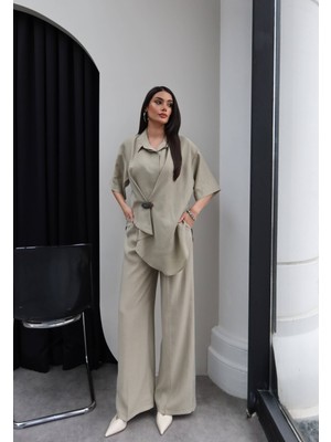 Esra Helvacı Broşlu Asimetrik Gömlek Pantolon Takım