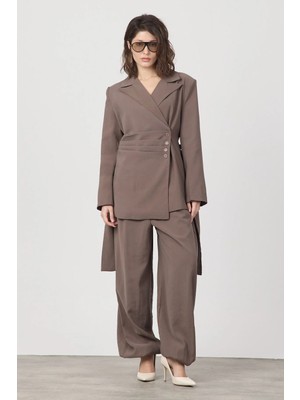 Diemmood Kadın Pile ve Kemer Detaylı Pantolon Lastikli Kahverengi Oversize Takım