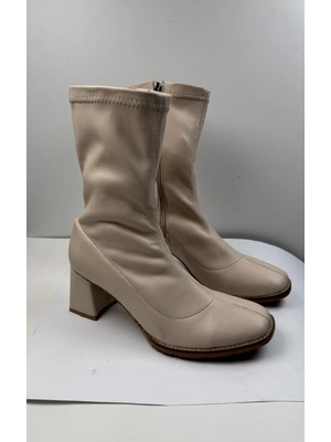 Nstil Kadın Deri Bot Küt Burun Dikiş Detaylı Fermuarlı Streç Esnek Kalın Topuklu Ayakkabı 777