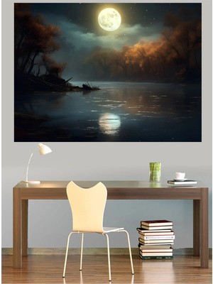 Mushen Studio Dolunay Nehir Yansıması Kanvas Tablo Gece Manzarası Duvar Dekoru Sanat Eseri Çerçevesiz Ev Ofis