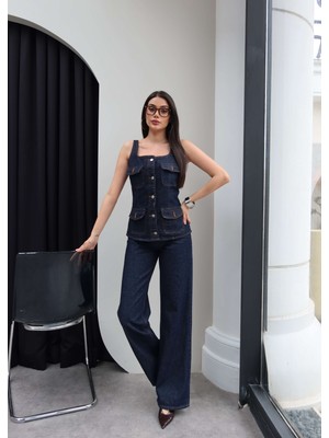 Esra Helvacı Denim Kare Yaka Yelek Takım