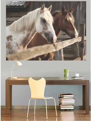 Mushen Studio Iki At Ahşap Çit Pastoral Kanvas Tablo Klasik Duvar Dekoru Sanat Eseri Çerçevesiz Ev Ofis