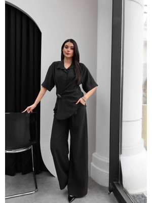 Esra Helvacı Broşlu Asimetrik Gömlek Pantolon Takım