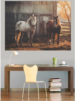 Mushen Studio Ahır Önünde Iki At Pastoral Kanvas Tablo Klasik Duvar Dekoru Sanat Eseri Çerçevesiz Ev Ofis