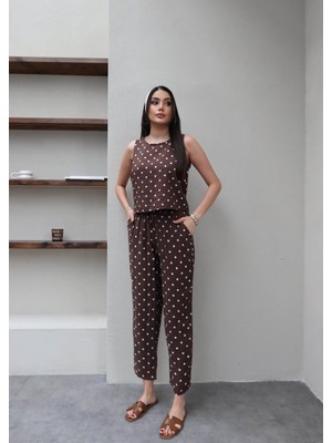 Esra Helvacı Puantiyeli Sıfır Kol Rahat Bluz Takım