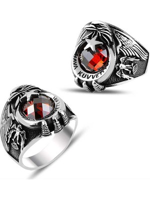 Hanno Telkari Gümüş Ayyıldız Hava Kuvvetleri Kırmızı Taşlı Erkek Yüzük