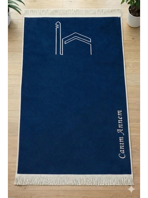 İhvan Online Canım Anneme - Cami Desenli Saçaklı Kadife Seccade - Lacivert