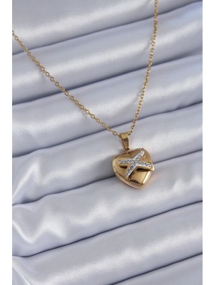 Twin Store Çelik Gold Renk Zirkon Detay Model Kadın Kolye