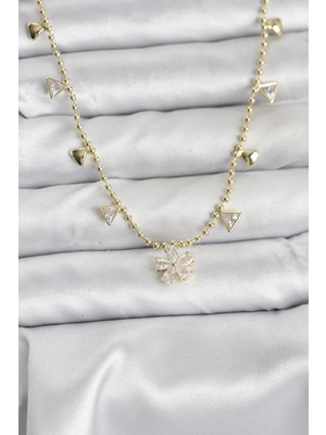 Twin Store Pirinç Gold Renk Zirkon Taşlı Çiçek Model Kadın Kolye