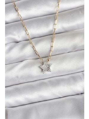 Twin Store Pirinç Gold Renk Zincirli Zirkon Taşlı Yıldız Model Kadın Kolye