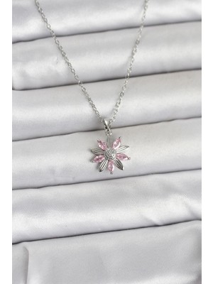 Twin Store Çelik Zincir Gümüş Renk Pembe Papatya Model Kadın Kolye