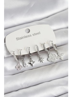 Twin Store Çelik Gümüş Renk 6'lı Set Yonca Model Kadın Küpe