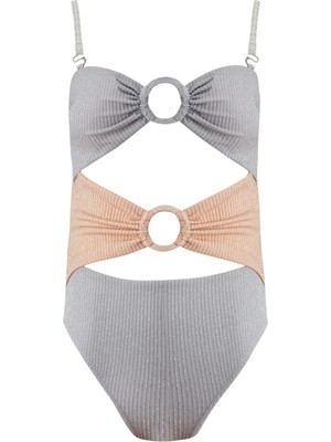 Lovekini Eva Nude Grey Kids Swimsuit With Silver Stripes Details