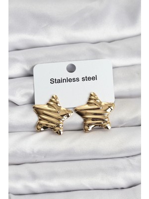 Twin Store Çelik Gold Renk Yıldız Model Kadın Küpe