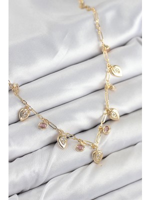 Twin Store Pirinç Zirkon Taşlı Sallantılı Damla Model Gold Renk Kadın Kolye