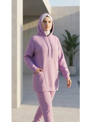 Plistre 2273_Lila Kapşonlu Tesettür Eşofman Takımı - %100 Pamuk 3 İplik, Cepli, Oversize Rahat Kesim, Mevsimlik Spor Takım