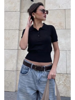 Madmext Siyah Slim Fit Polo Yaka Triko Tişört MG2805