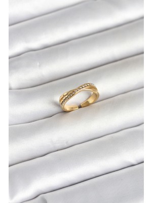 Twin Store Çelik Gold Renk Zirkon Taşlı Kadın Yüzük