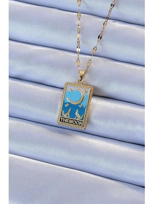 Twin Store Çelik Zincir Altın Renk Mineli Ay Figür Tarot Kolye