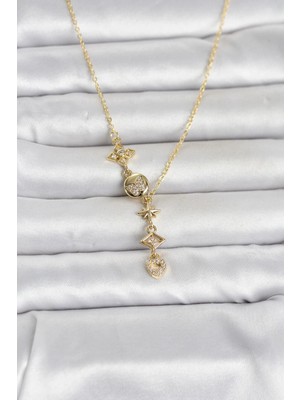 Twin Store Çelik Gold Renk Zirkon Taşlı Y Kadın Kolye