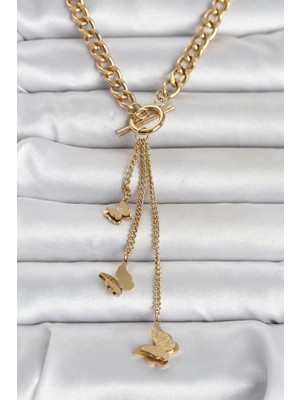 Twin Store Çelik Gold Renk Sallantılı Kadın Kolye