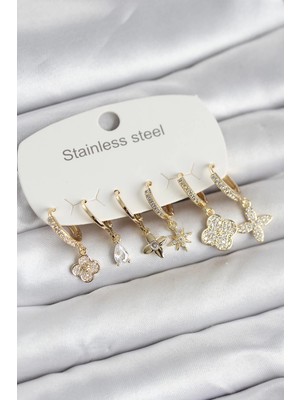 Twin Store Çelik Gold Renk 6'lı Set Yonca Model Kadın Küpe