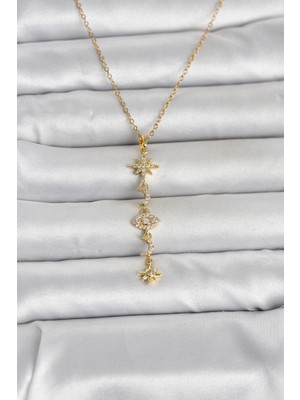 Twin Store Çelik Gold Renk Kutup Yıldızı Y Model Zirkon Taşlı Kadın Kolye